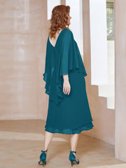 Sheath V-Neck Tea-Length Chiffon Dress Ink Blue