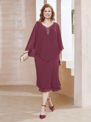 Sheath V-Neck Tea-Length Chiffon Dress Mulberry Plus Size