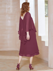 Sheath V-Neck Tea-Length Chiffon Dress Mulberry Plus Size
