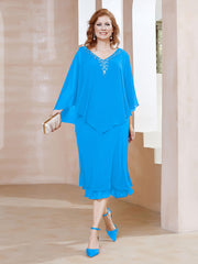 Sheath V-Neck Tea-Length Chiffon Dress Ocean Blue Plus Size