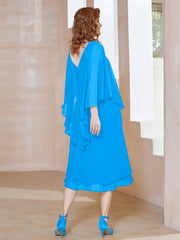 Sheath V-Neck Tea-Length Chiffon Dress Ocean Blue Plus Size