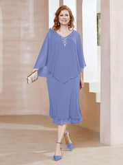 Sheath V-Neck Tea-Length Chiffon Dress Periwinkle