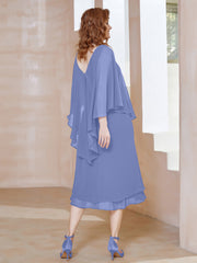 Sheath V-Neck Tea-Length Chiffon Dress Periwinkle