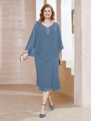 Sheath V-Neck Tea-Length Chiffon Dress Slate Blue