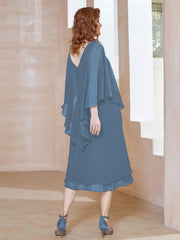 Sheath V-Neck Tea-Length Chiffon Dress Slate Blue