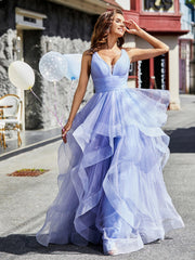 Princess V-Neck Floor-length Tulle Prom Dresses Lavender Plus Size