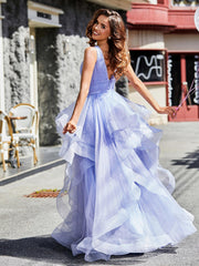 Princess V-Neck Floor-length Tulle Prom Dresses Dark Navy