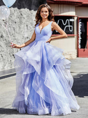 Princess V-Neck Floor-length Tulle Prom Dresses Lavender Plus Size