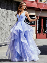 Princess V-Neck Floor-length Tulle Prom Dresses Lavender Plus Size