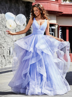 Princess V-Neck Floor-length Tulle Prom Dresses Sky Blue