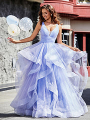 Princess V-Neck Floor-length Tulle Prom Dresses Fuchsia