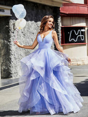 Princess V-Neck Floor-length Tulle Prom Dresses Lavender Plus Size