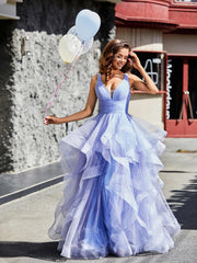 Princess V-Neck Floor-length Tulle Prom Dresses Lavender Plus Size