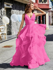 Princess V-Neck Floor-length Tulle Prom Dresses Azalea Plus Size
