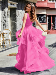Princess V-Neck Floor-length Tulle Prom Dresses Azalea Plus Size
