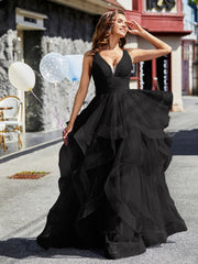 Princess V-Neck Floor-length Tulle Prom Dresses Black