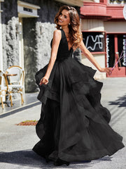 Princess V-Neck Floor-length Tulle Prom Dresses Black