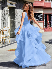 Princess V-Neck Floor-length Tulle Prom Dresses Blue Plus Size