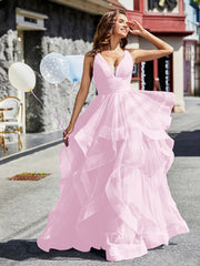 Princess V-Neck Floor-length Tulle Prom Dresses Blushing Pink Plus Size