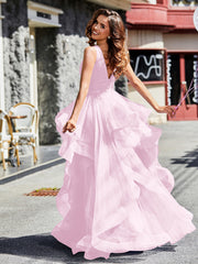 Princess V-Neck Floor-length Tulle Prom Dresses Blushing Pink Plus Size