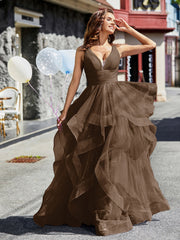 Princess V-Neck Floor-length Tulle Prom Dresses Brown Plus Size