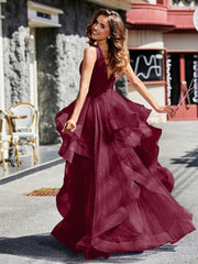 Princess V-Neck Floor-length Tulle Prom Dresses Burgundy Plus Size