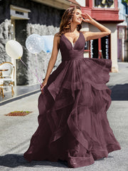 Princess V-Neck Floor-length Tulle Prom Dresses Cabernet Plus Size