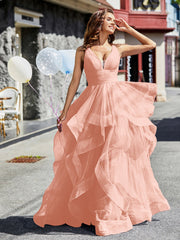 Princess V-Neck Floor-length Tulle Prom Dresses Coral Plus Size