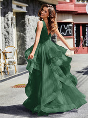 Princess V-Neck Floor-length Tulle Prom Dresses Dark Green