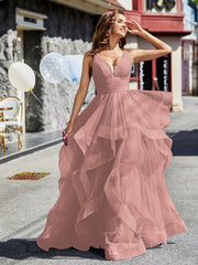 Princess V-Neck Floor-length Tulle Prom Dresses Dusty Rose Plus Size
