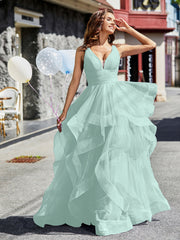 Princess V-Neck Floor-length Tulle Prom Dresses Dusty Sage Plus Size