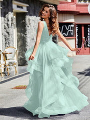 Princess V-Neck Floor-length Tulle Prom Dresses Dusty Sage Plus Size