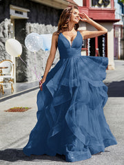 Princess V-Neck Floor-length Tulle Prom Dresses Ink Blue
