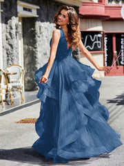 Princess V-Neck Floor-length Tulle Prom Dresses Ink Blue