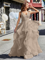 Princess V-Neck Floor-length Tulle Prom Dresses Taupe Plus Size