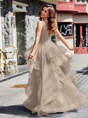 Princess V-Neck Floor-length Tulle Prom Dresses Taupe Plus Size