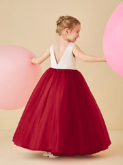 Scoop Neckline V-Back Floor-length Flower Girl Dress Burgundy