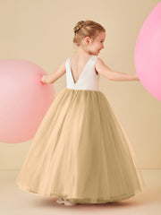 Scoop Neckline V-Back Floor-length Flower Girl Dress Champagne