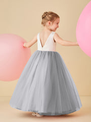 Scoop Neckline V-Back Floor-length Flower Girl Dress Silver
