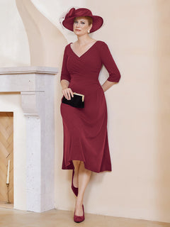 A-line V-Neck Tea-Length Chiffon Dress Burgundy