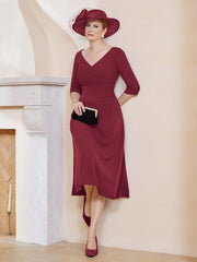 A-line V-Neck Tea-Length Chiffon Dress Burgundy