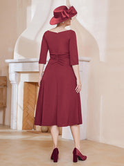A-line V-Neck Tea-Length Chiffon Dress Burgundy
