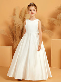 Elegant Satin Sleeveless Flower Girl Dress with Bow