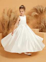 Elegant Satin Sleeveless Flower Girl Dress with Bow