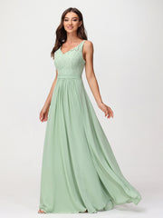 Lace Bodice Chiffon Skirt V-neck Maxi Dress Dusty Sage