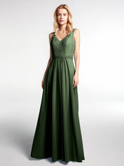 Lace Bodice Chiffon Skirt V-neck Maxi Dress Olive Green