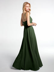 Lace Bodice Chiffon Skirt V-neck Maxi Dress Olive Green