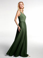 Lace Bodice Chiffon Skirt V-neck Maxi Dress Olive Green