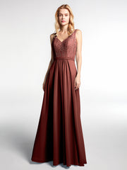 Lace Bodice Chiffon Skirt V-neck Maxi Dress Terracotta