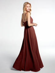 Lace Bodice Chiffon Skirt V-neck Maxi Dress Terracotta